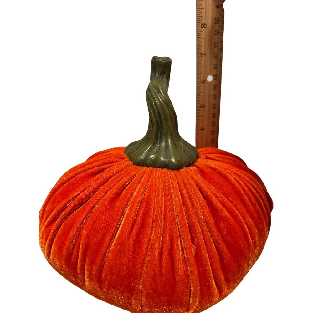 Orange Velvet Pumpkin Autumn Fall Plush Hard Stem Halloween Decor Vtg Set of 2 - Picture 6 of 6
